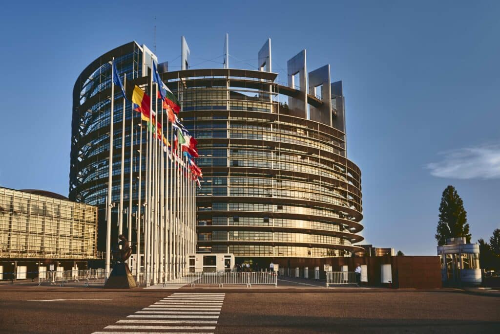 european parliament building strasbourg france with clear blue sky background