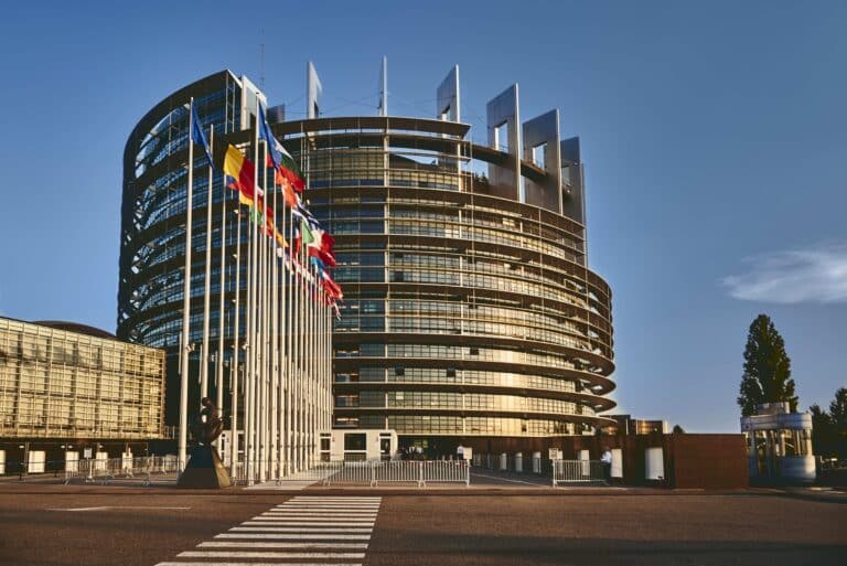 european parliament building strasbourg france with clear blue sky background